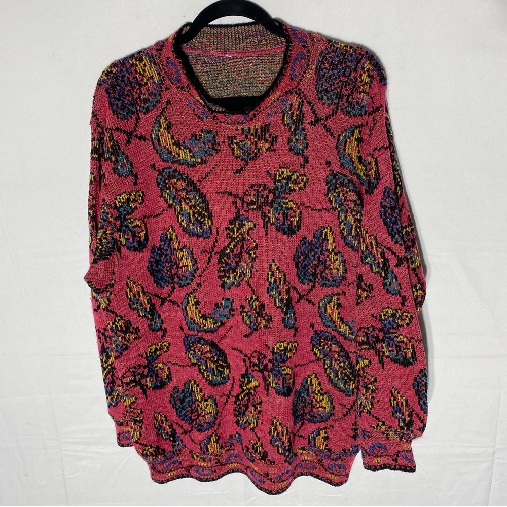 Vintage Red Pink Mock Neck Leaf Print Knit Sweater L Grannycore Cottagecore
